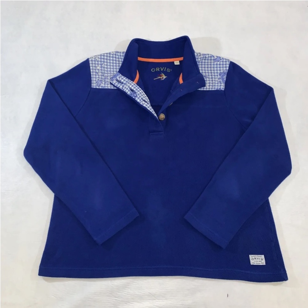 Orvis Womens Pullover Long sleeve Blue Mock Neck 1/4 Buttons Size Large Floral